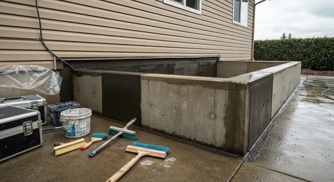 Concrete foundation forms beside a house, with tools and supplies on a wet driveway.