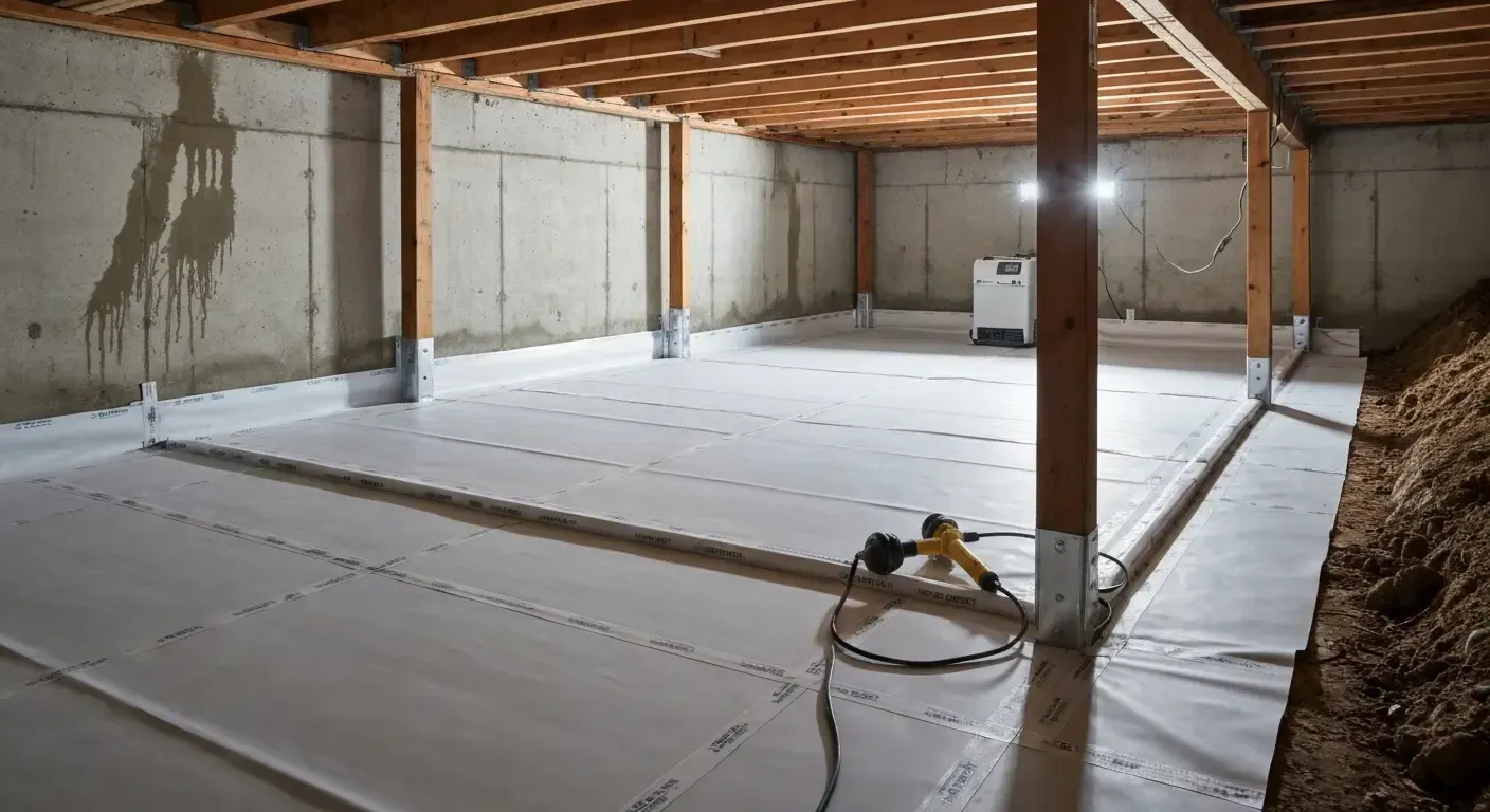 Unfinished basement with white vapor barrier flooring, exposed beams, concrete walls, and a small window.