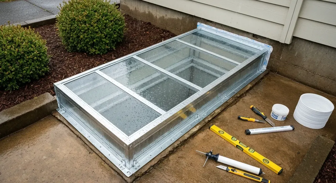 White-framed glass enclosure on a patio beside a house, with tools and a white bucket nearby.