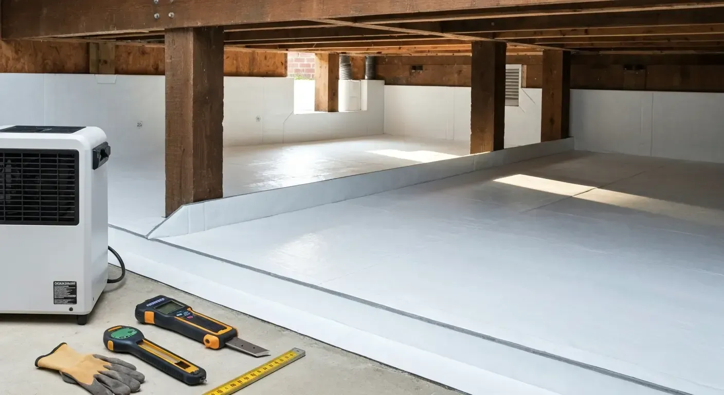 Under-bed storage space with white panels, wooden beams, and tools beside a dehumidifier