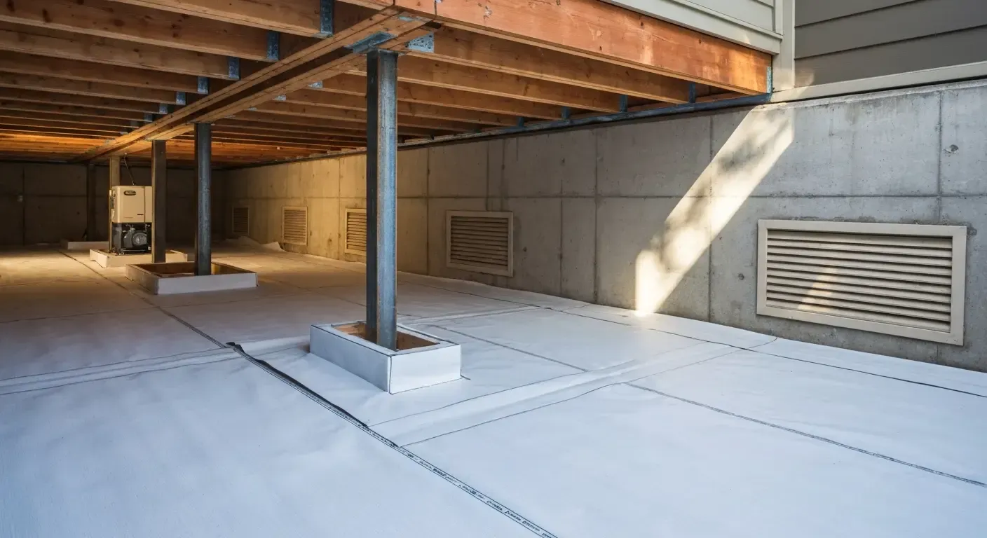 Covered concrete basement with support columns and vent grates