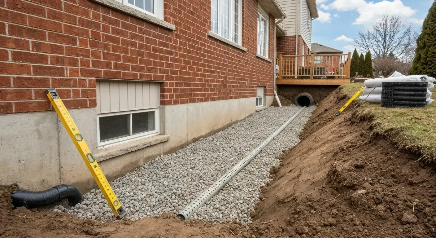 Gravel drainage trench beside a brick house foundation under construction with a yellow level and dirt pile