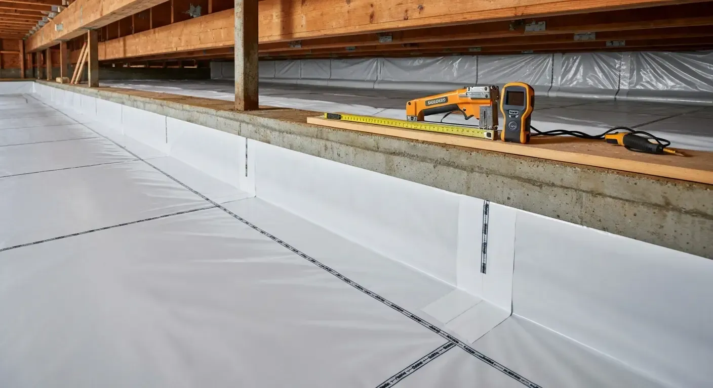 Indoor construction site with a concrete wall, white floor covering, scaffolding, and tools along the edge