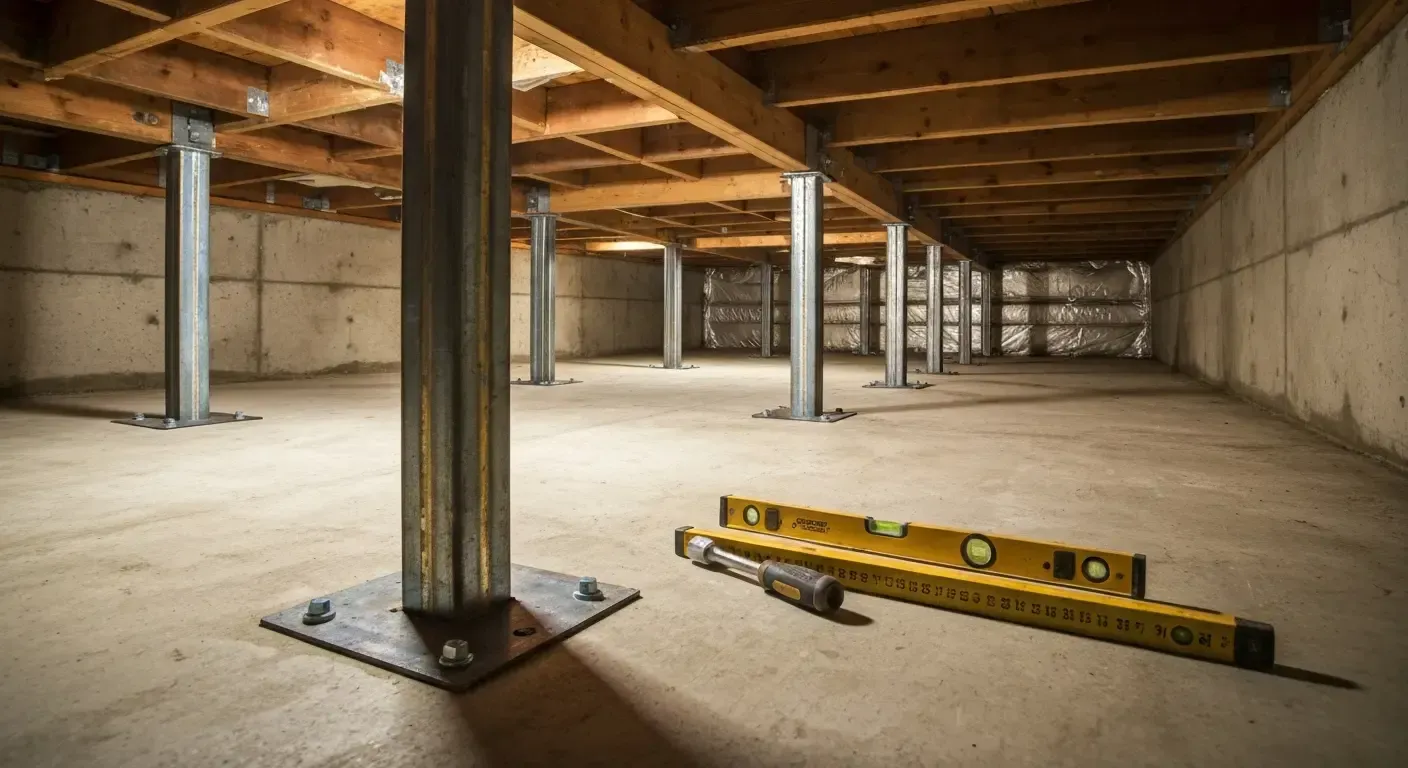 Empty unfinished basement with steel support columns, exposed beams, and a yellow level on the floor