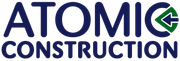 Atomic Construction logo with navy text and a green circular arrow icon