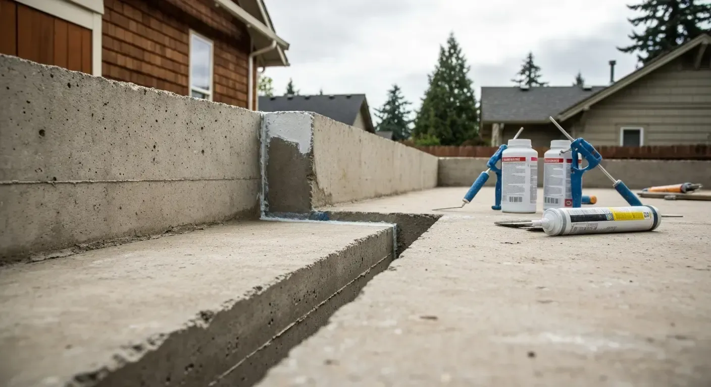 Concrete backyard with a low retaining wall and scattered children's toys near a house