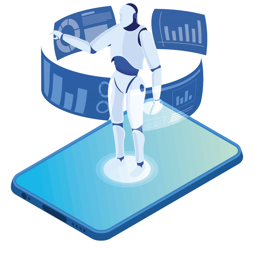 A robot is standing on top of a cell phone.