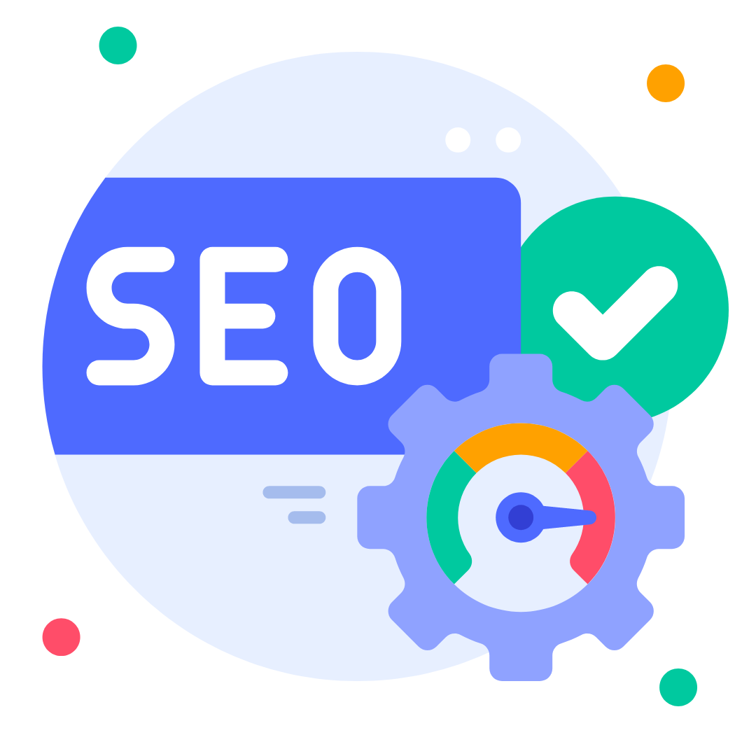 An icon for seo with a gear and a check mark.