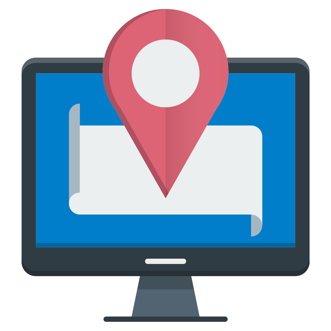 A computer monitor with a map pin on it.