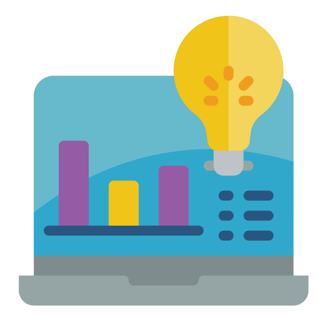 A laptop with a light bulb and a graph on it.