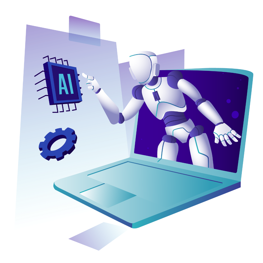 A robot is standing in front of a laptop computer.