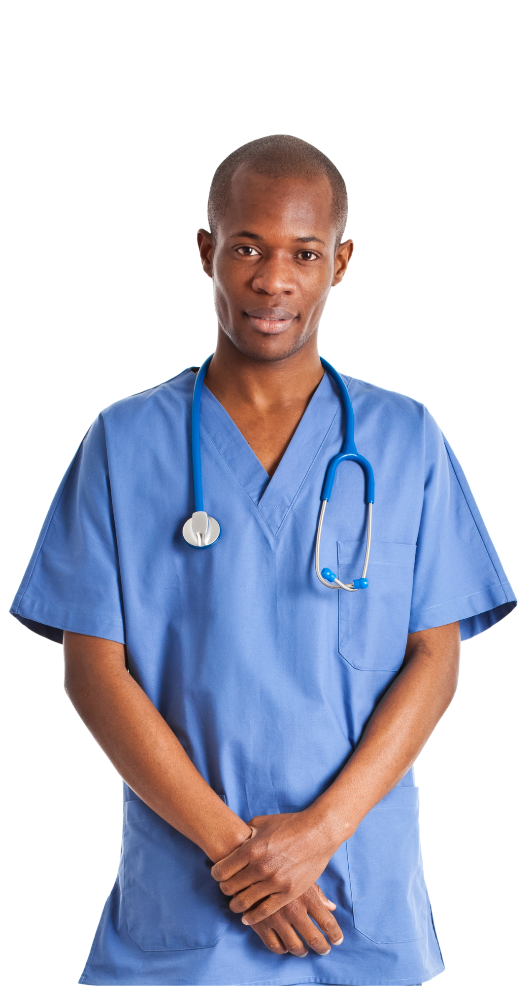 Male healthcare worker in blue scrubs, stethoscope around neck, hands clasped.
