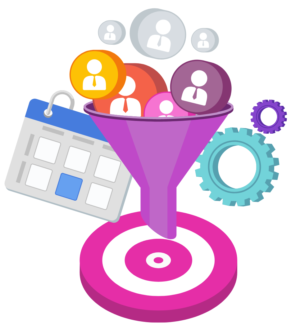 A purple funnel filled with people , gears , a calendar and a target.