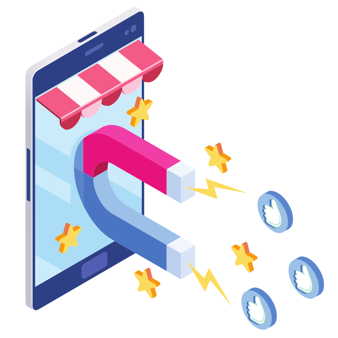 An isometric illustration of a cell phone with a magnet coming out of it.
