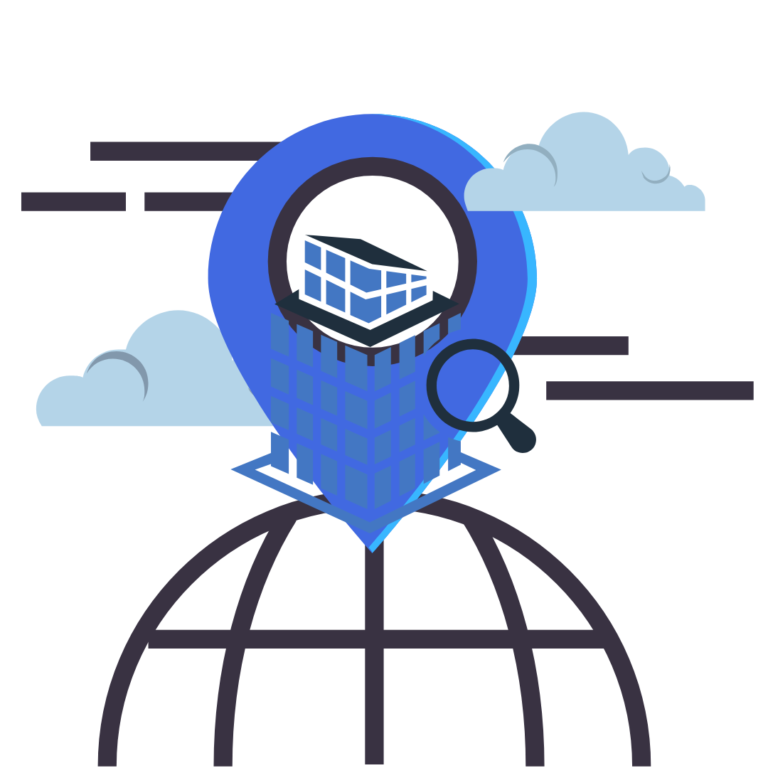 A blue pin with a building on it is sitting on top of a globe.