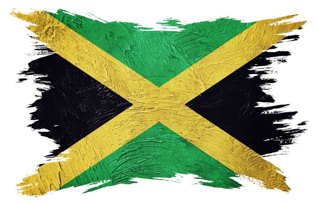 A brushstroke-style graphic of the Jamaican flag featuring a gold saltire on black and green triangular panels.
