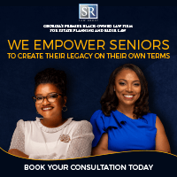 Two women are standing next to each other on a blue background.