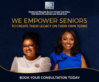 Two women are standing next to each other on a poster that says we empower seniors to create their legacy on their own terms