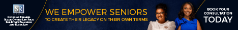 Two women are standing next to each other in front of a sign that says we empower seniors