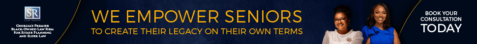 A blurry picture of two people standing next to each other with the words we empower seniors above them.