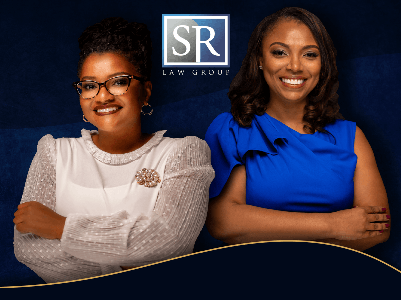 Two women standing next to each other with sr law group written on the bottom