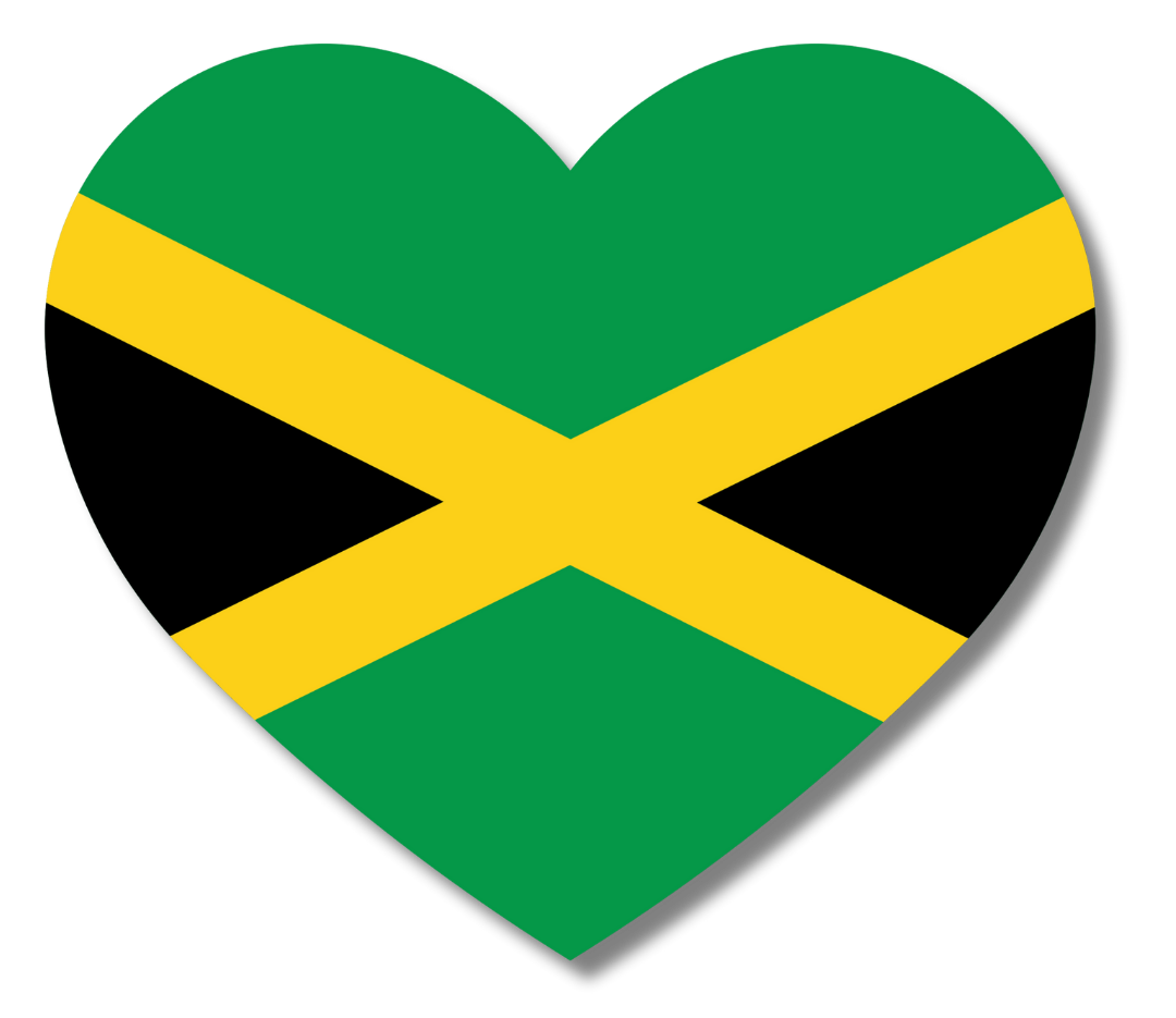 A heart-shaped graphic featuring the flag of Jamaica, with green, black, and gold colors arranged in a diagonal cross.