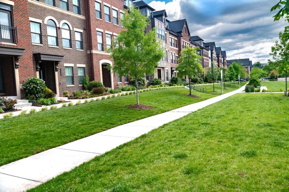 Row of brick townhomes beside a green lawn and sidewalk on a sunny day