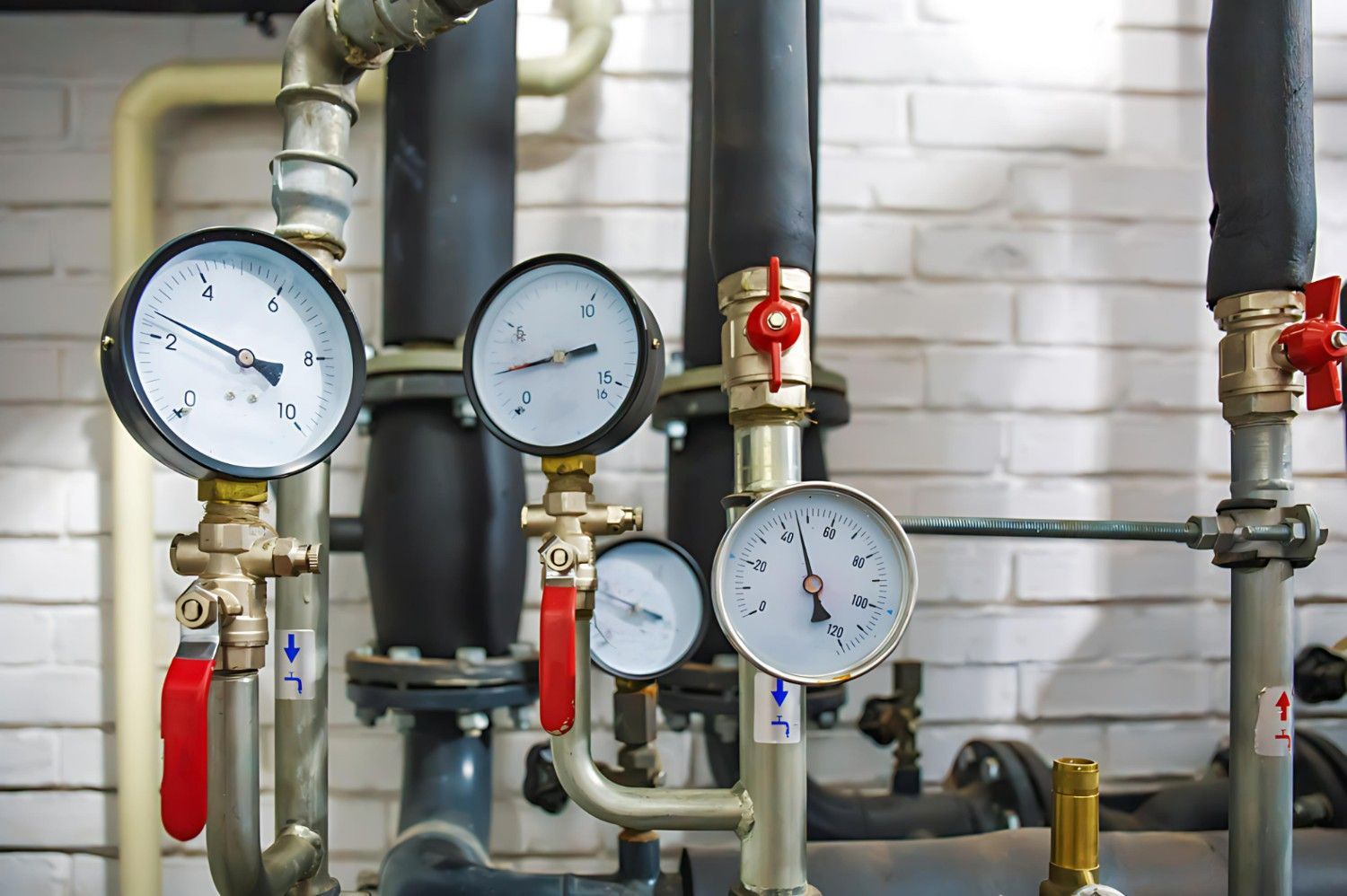 A Bunch of Gauges Are Sitting on Top of Pipes in A Room — B3 Plumbing in Flynn, ACT