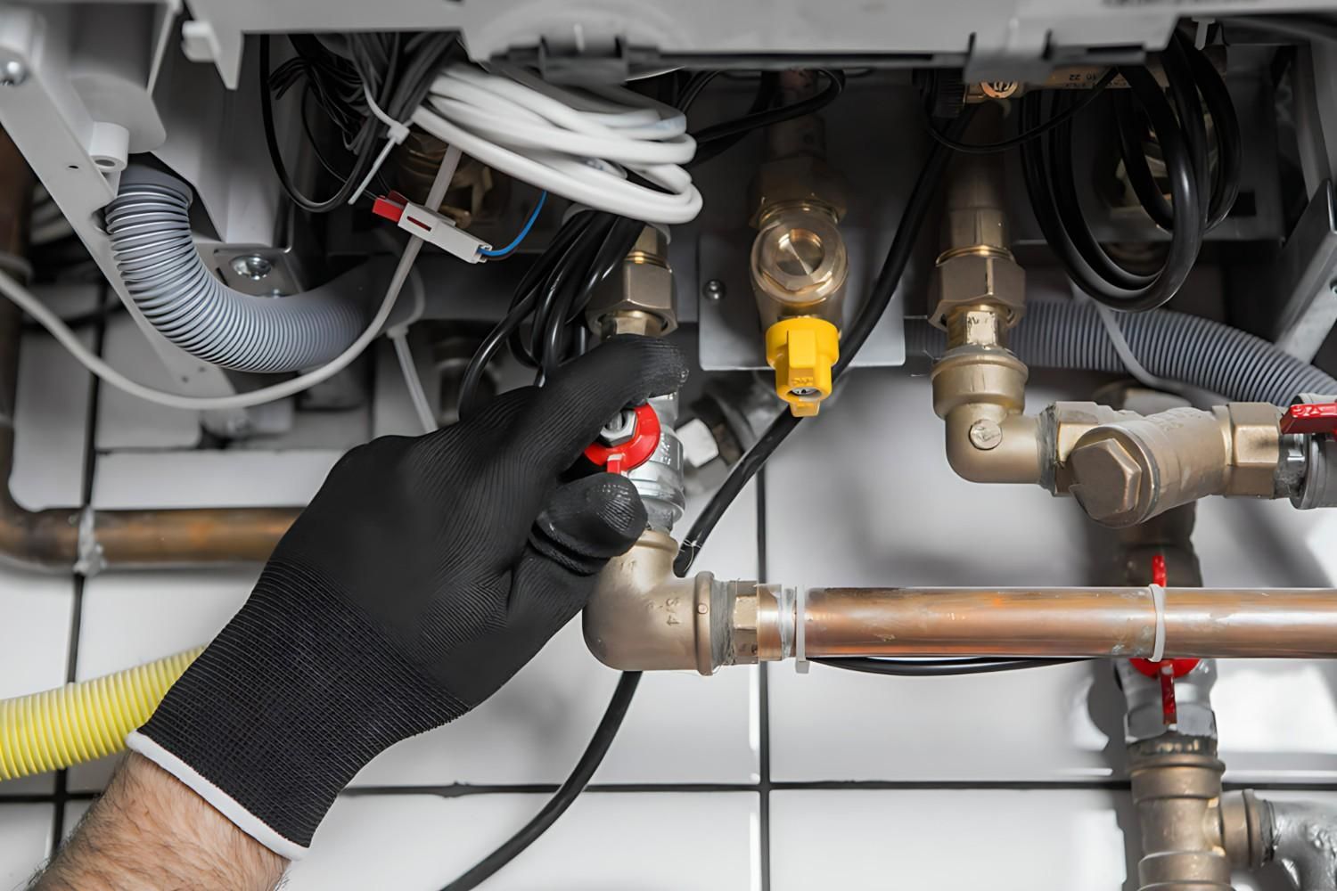 A Plumber Is Working on A Boiler in A Bathroom — B3 Plumbing in Flynn, ACT