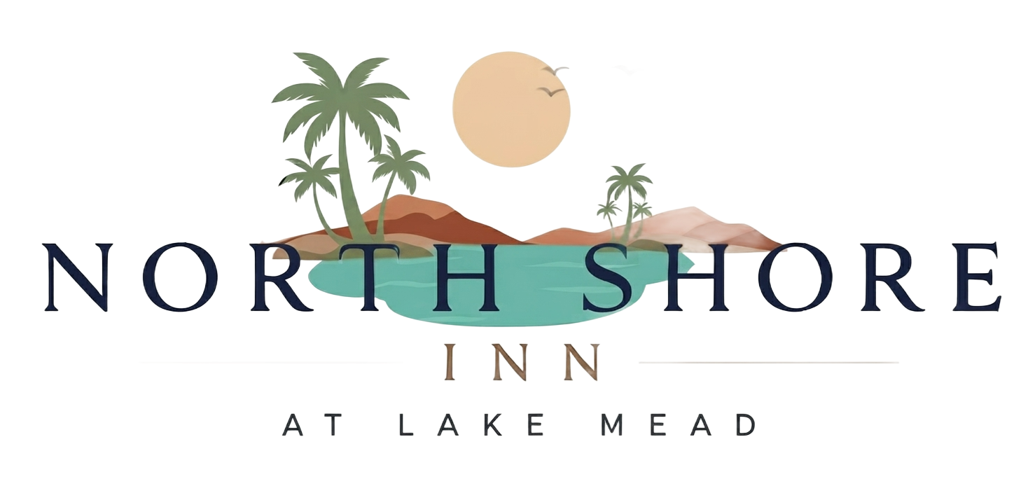 North Shore Inn at Lake Mead logo with palm trees, sun, and blue water