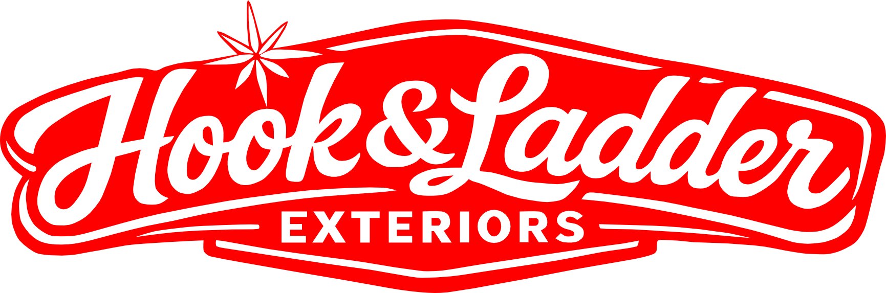 Hook & Ladder Exteriors logo in red script with a small starburst above the text on a white background