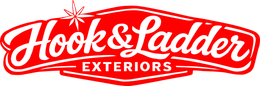 Hook & Ladder Exteriors logo in red script with a small starburst above the text on a white background