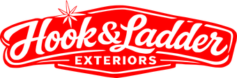 Hook & Ladder Exteriors logo in red script with a small starburst above the text on a white background