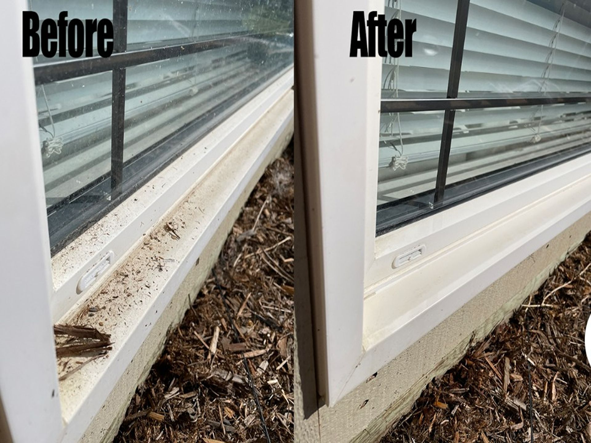 Before-and-after of a cleaned white window ledge beside brown mulch and siding.