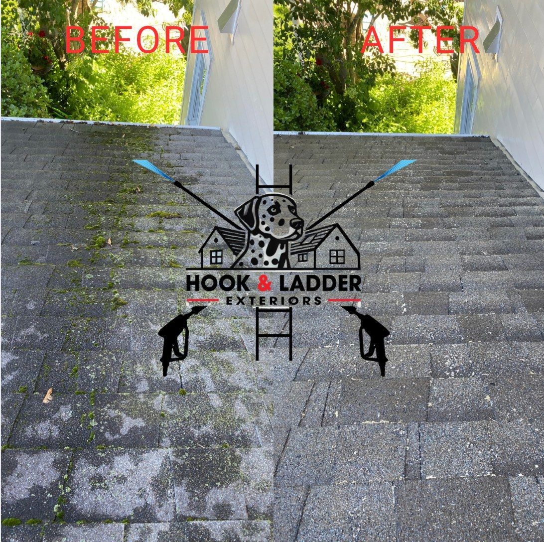 Before-and-after roof cleaning comparison with Hook & Ladder Exteriors logo on a gray shingled roof.