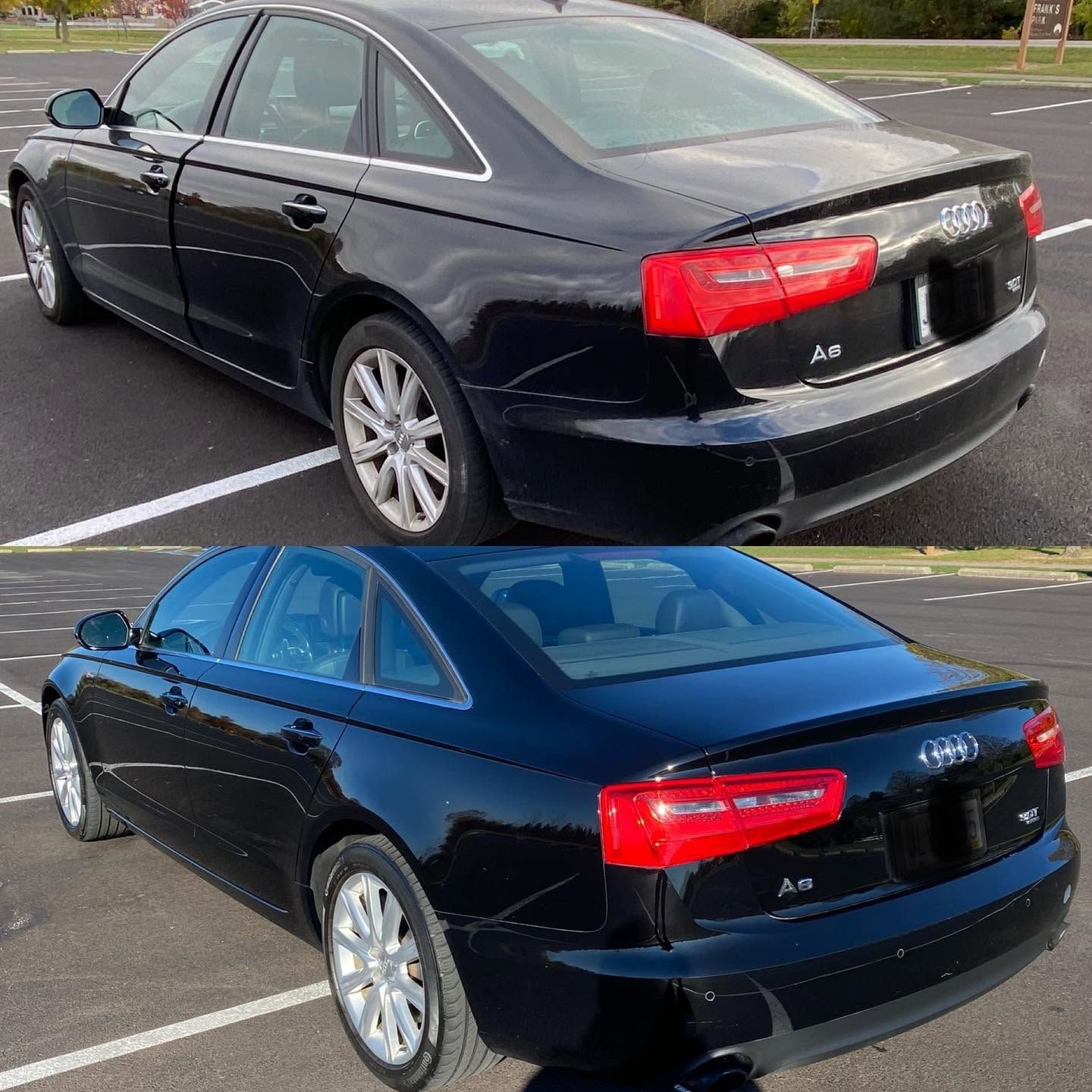 Dark blue sedan shown in two side-by-side rear three-quarter views in a parking lot