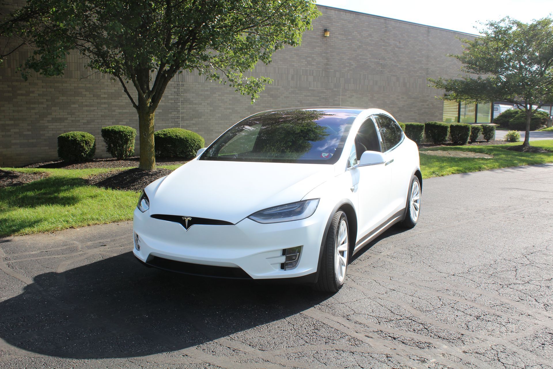 White Tesla sedan parked on a sunny street beside a grassy sidewalk and trees