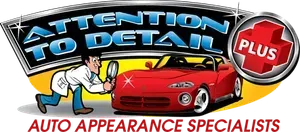 Attention to Detail Plus auto appearance specialists logo with red car and technician polishing it