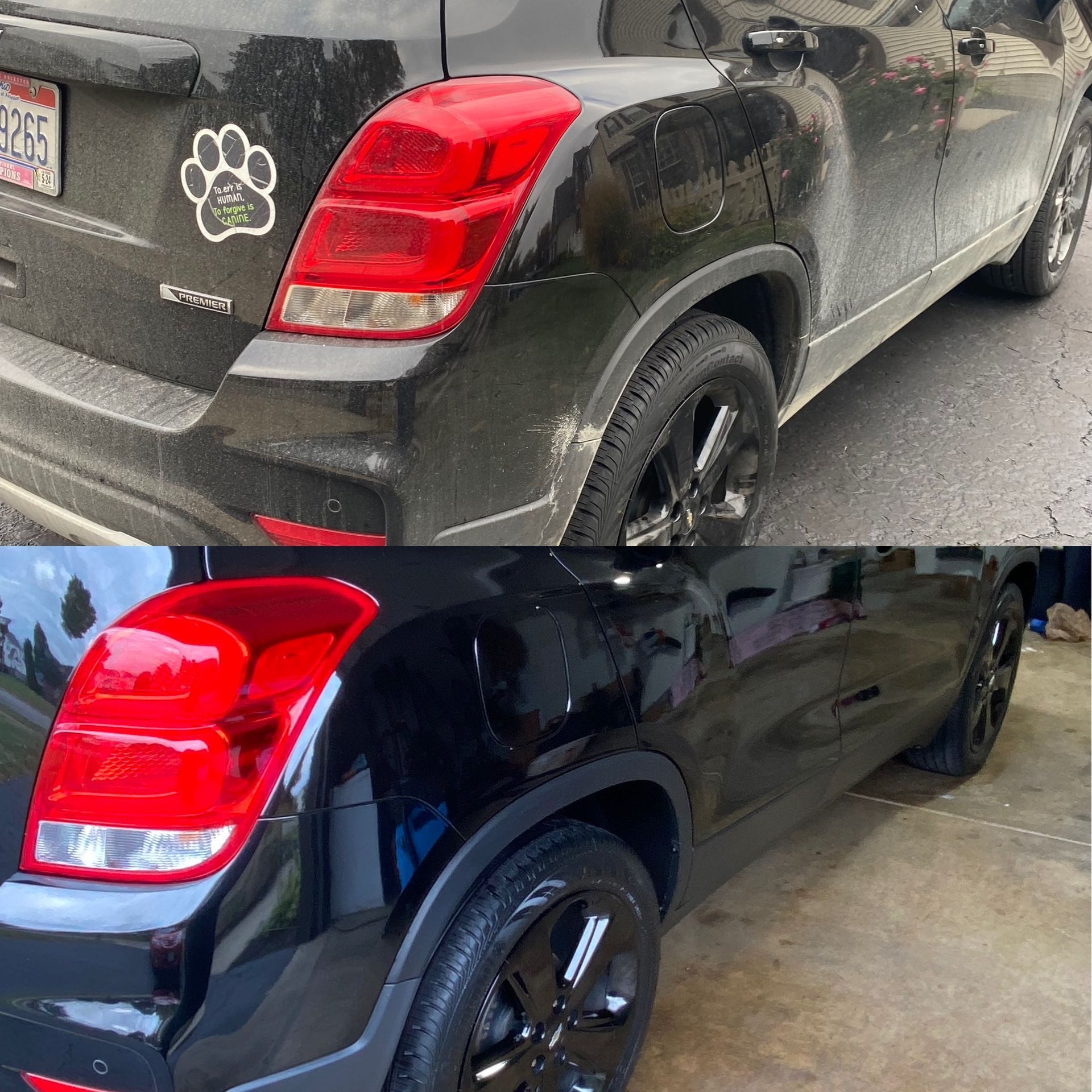 Black SUV with red taillights, shown in two side views on wet pavement.