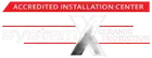 Accredited installation center logo with red banner, silver X, and white background