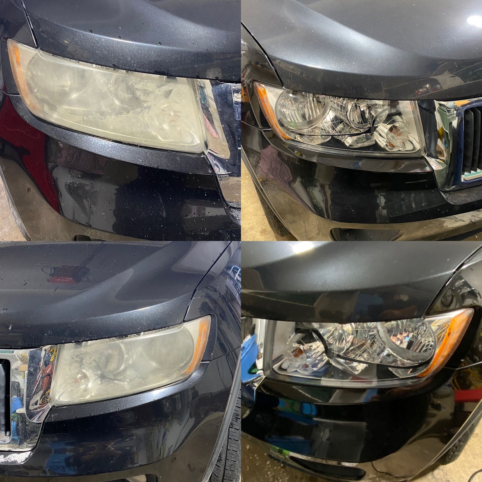 Close-up collage of four car headlights and front bumpers with visible damage and scratches