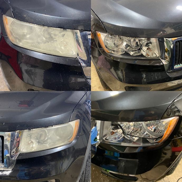 Four close-up car headlight and bumper damage photos arranged in a collage