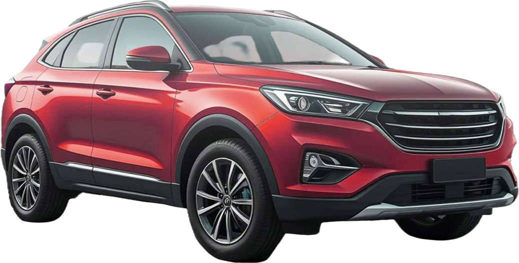 Red compact SUV with black trim, front three-quarter view on white background