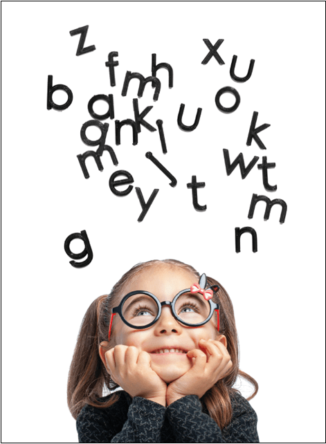 Meisje met een bril kijkt omhoog naar zwevende letters.