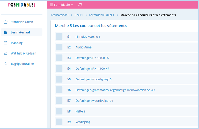 Screenshot van een online leerplatform, leslijst voor