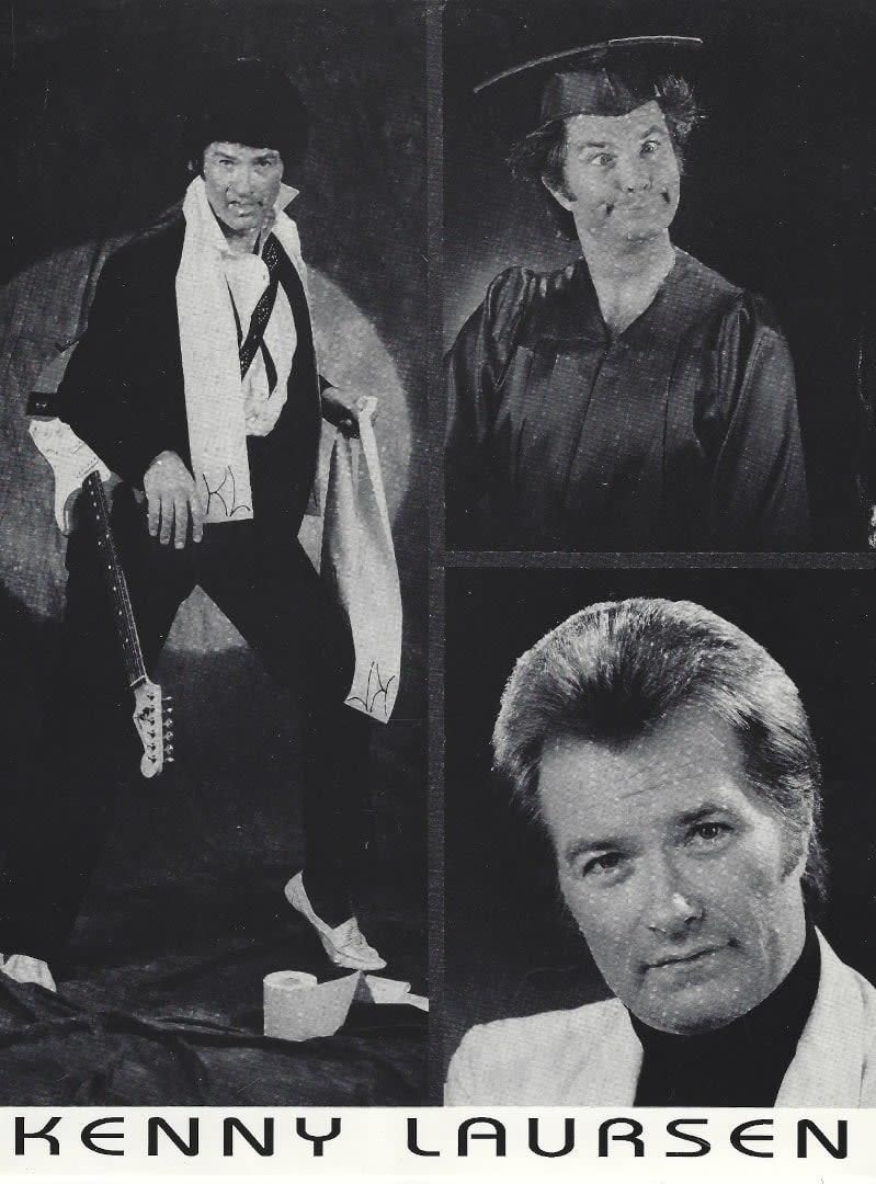 Three black-and-white portraits of Kenny Laursen, including one full-body and two headshots.