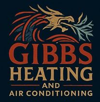 Logo for Gibbs Heating and Air Conditioning: Dragon with open mouth breathing plant leaves over text.