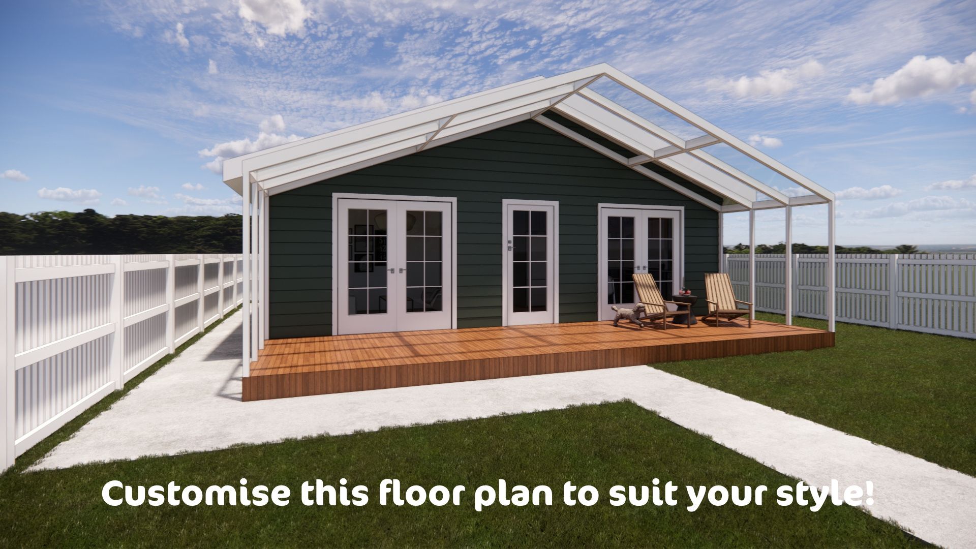 A green house with a porch and chairs in front of it.