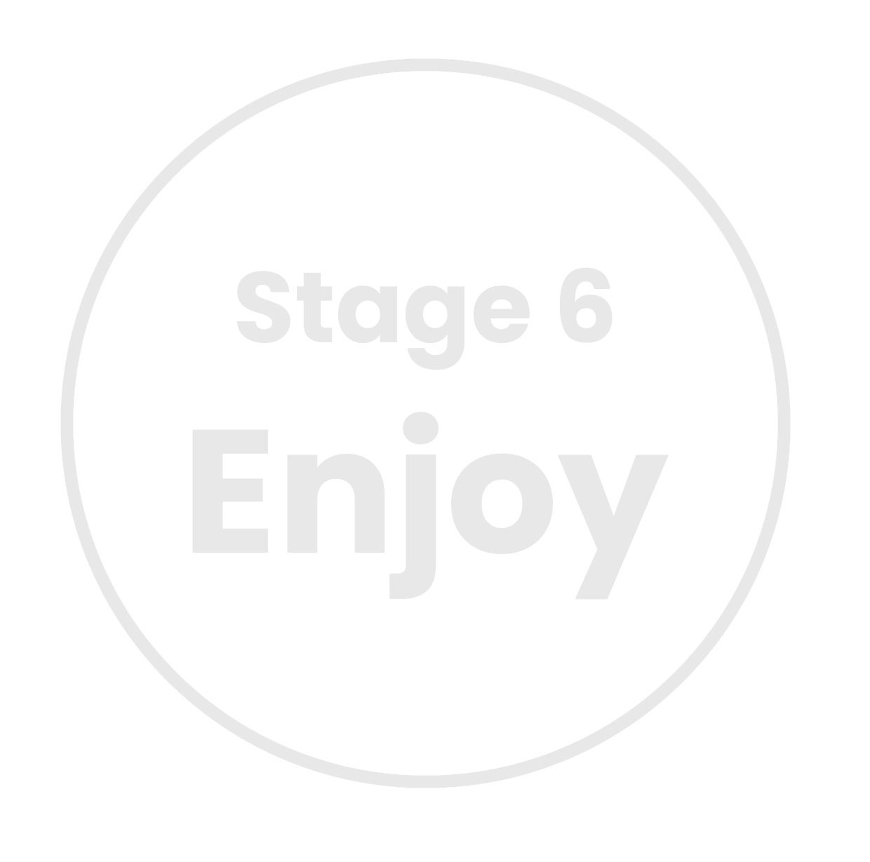 A white circle with the words stage 6 enjoy written inside of it.