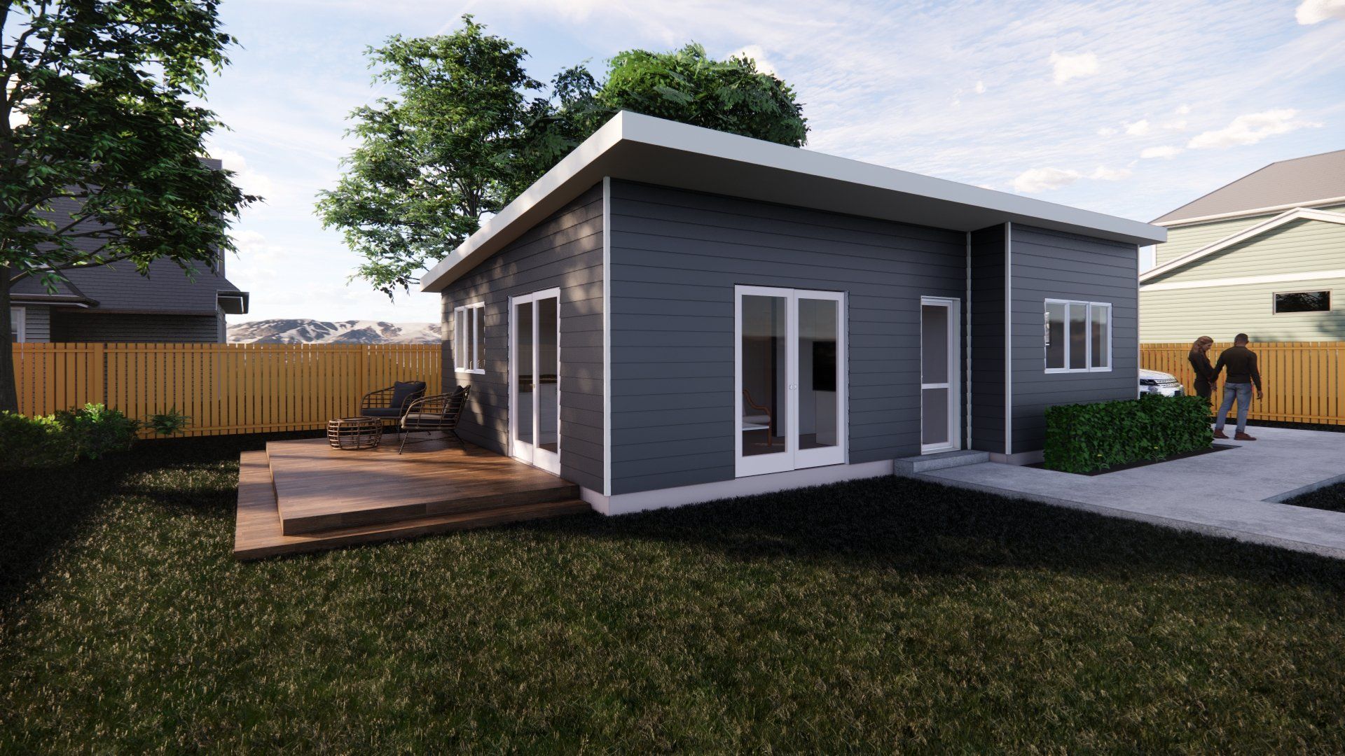 An artist 's impression of a small house with a deck in the backyard.